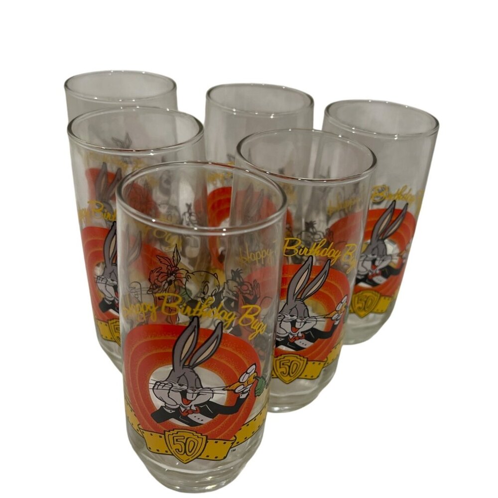 Collector glass Happy Birthday BUGS BUNNY 50 Warner Bros 1990 Set of 6 vintage